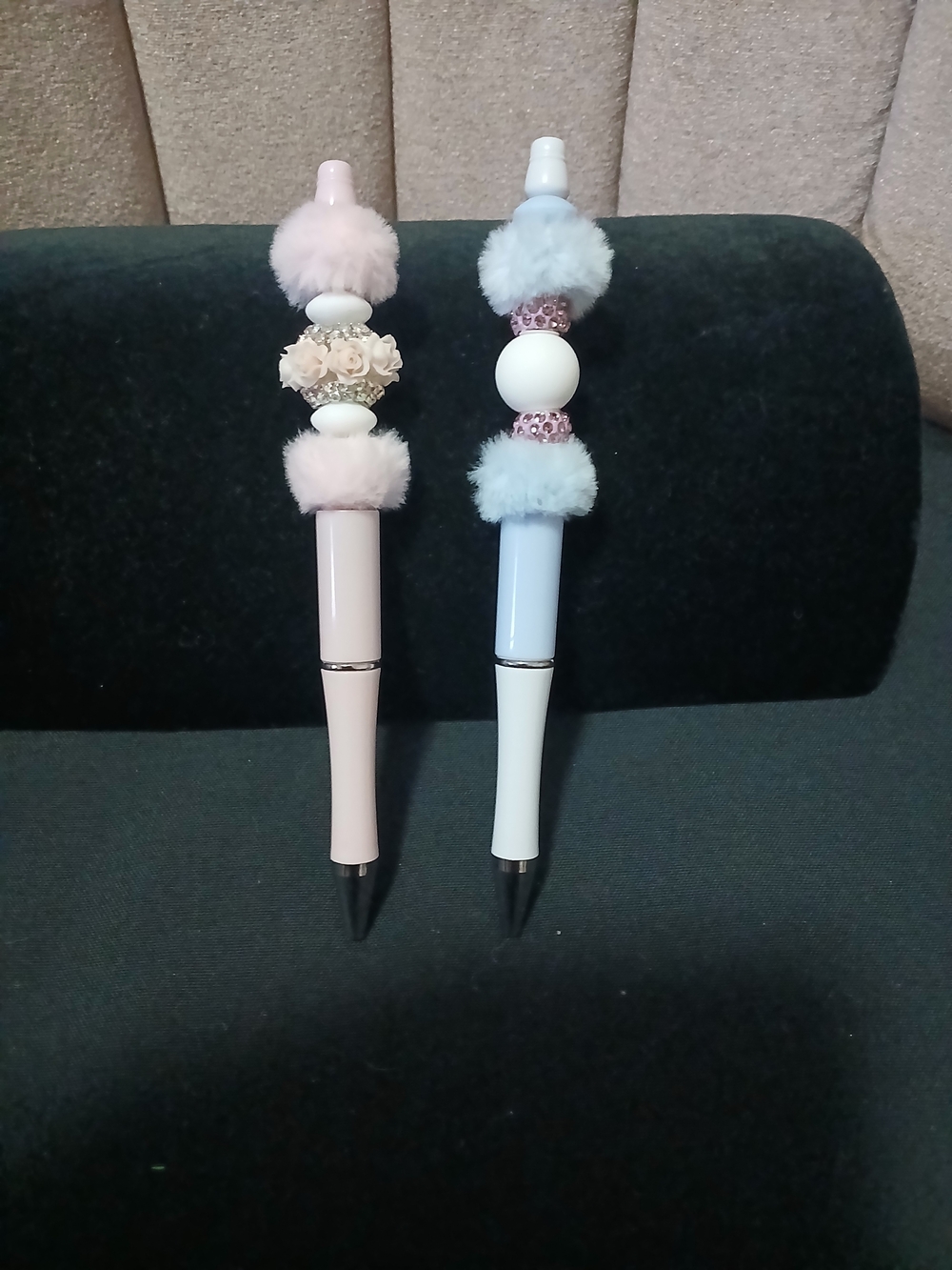 Set of 2 Decorative Fluffy Ballpoint Pens - Pink & Light Blue
